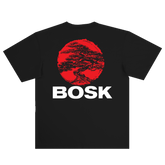 The Circle Bonsai Tee by BOSK is a classic fit, heavy-weight cotton t-shirt with a large red circle bonsai tree graphic on the back and bold “BOSK” text underneath.